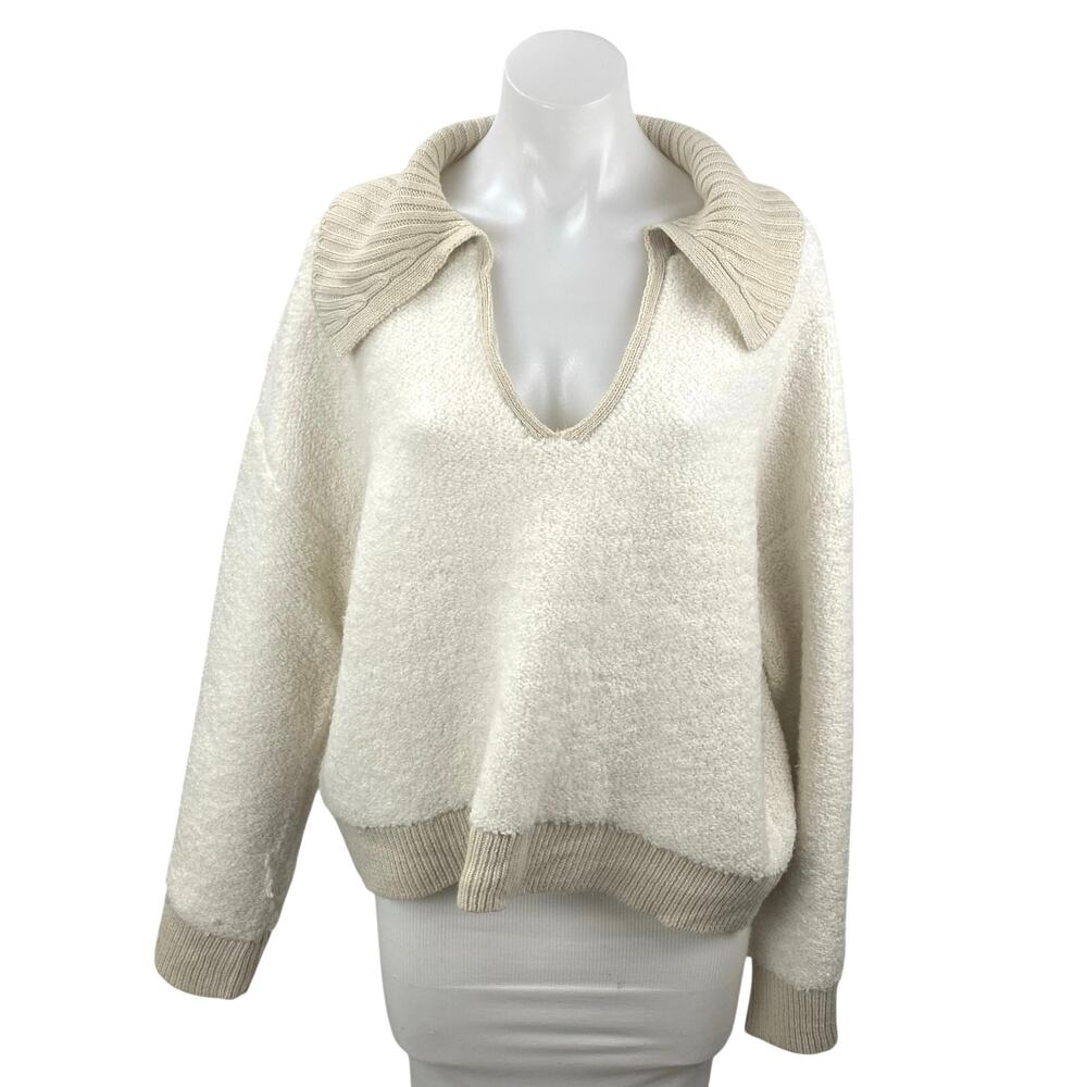 By Together Cream Beige Fleece Long Sleeve Knit Polo Sweatshirt Sweater Top Sz M